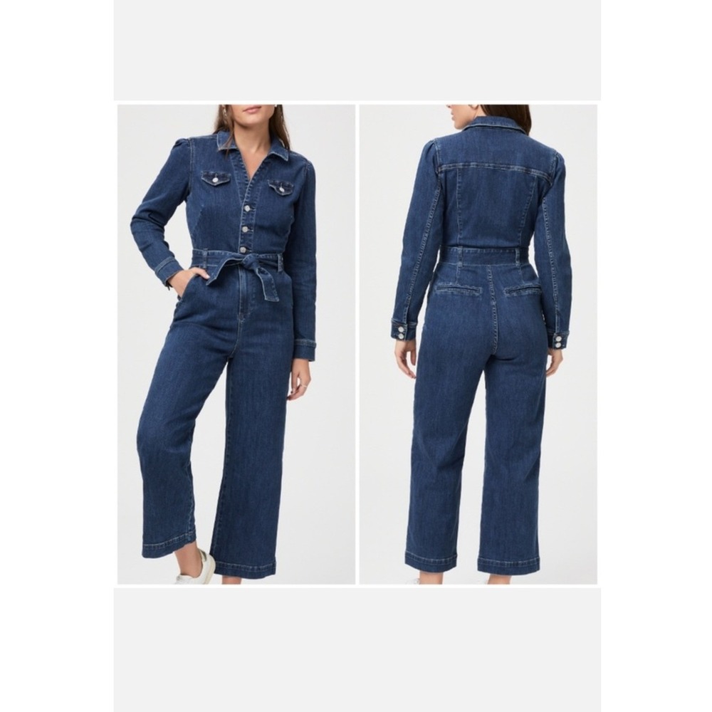 PAIGE Anessa Denim Long Sleeve Wide Leg Jumpsuit‎ Belted Button Zip Sz 8 Blue